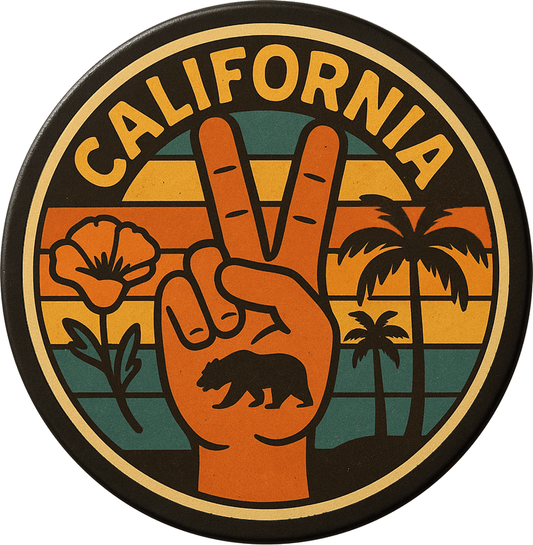 California Peace Fingers Sunset Poppy Pin Button - 1.5 Inch - Wander Together Outfitters