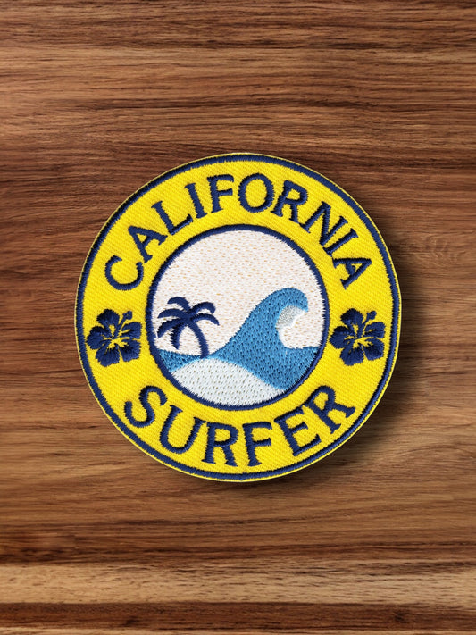 “California Surfer" Round Iron On Patch Wave And Palm Tree - Wander Together Outfitters