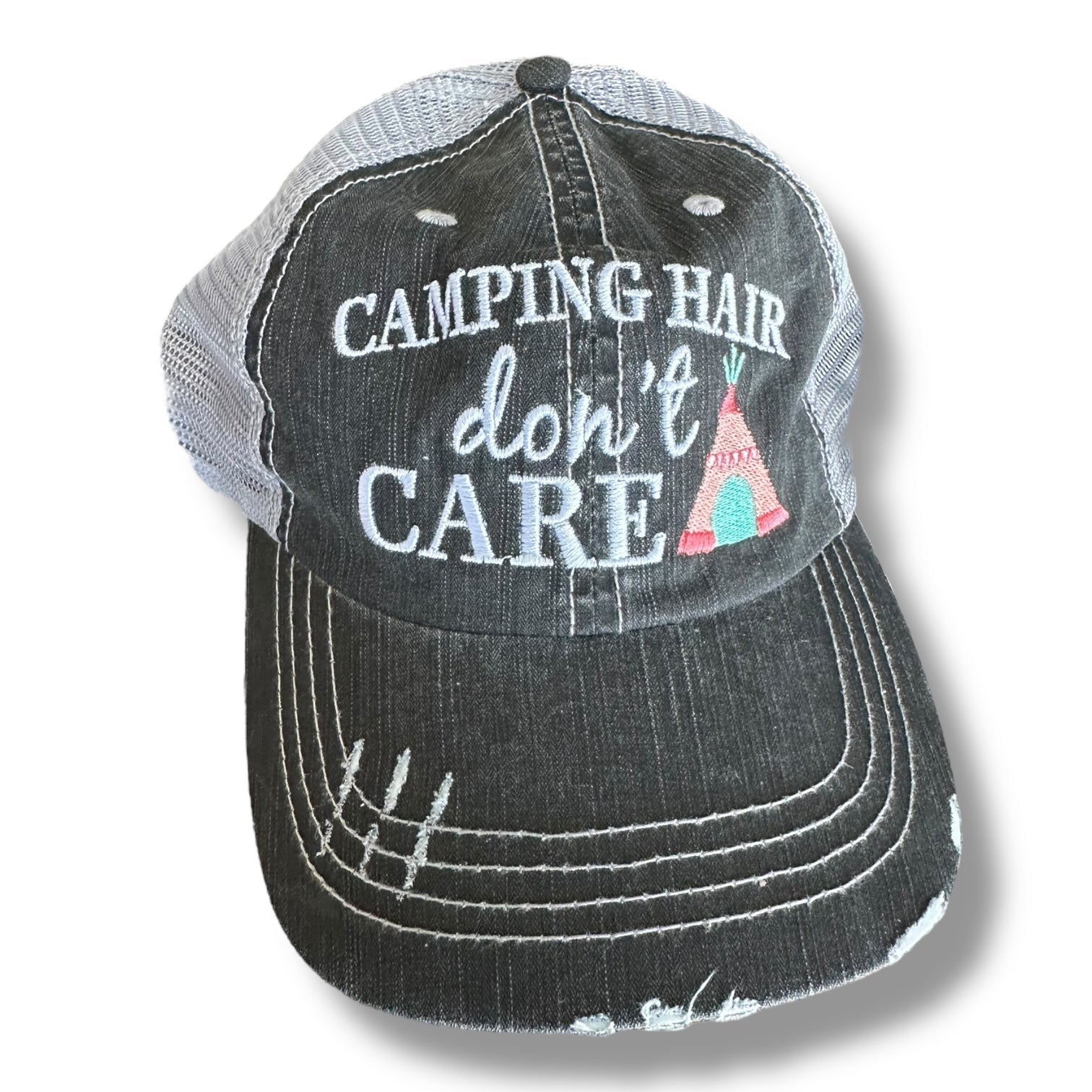 “Camping Hair Don’t Care” Distressed Embroidered Cap - Wander Together Outfitters
