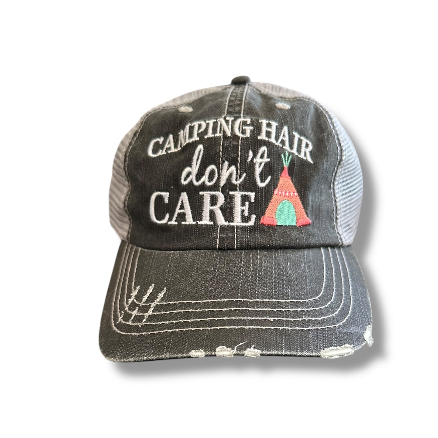 “Camping Hair Don’t Care” Distressed Embroidered Cap - Wander Together Outfitters