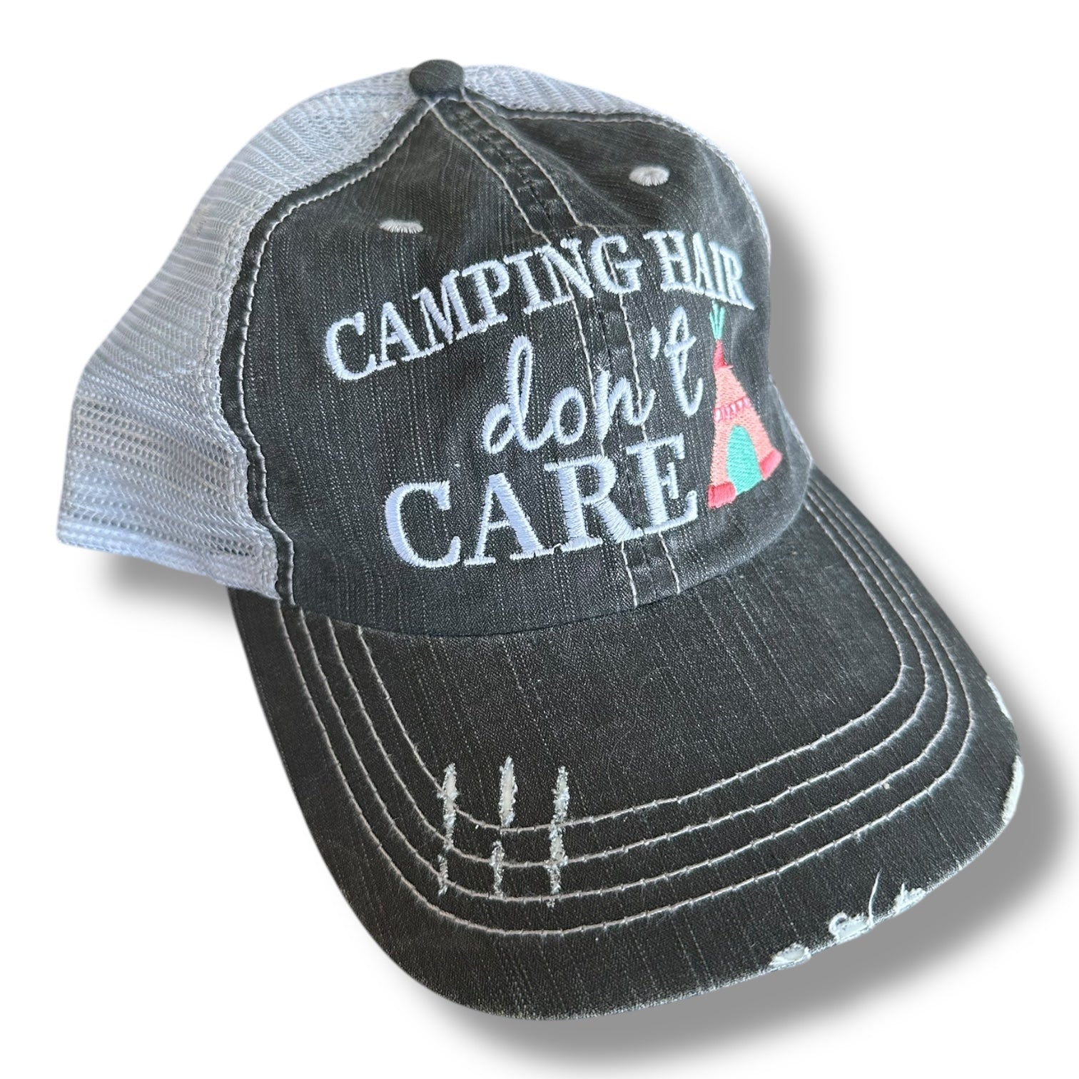 “Camping Hair Don’t Care” Distressed Embroidered Cap - Wander Together Outfitters