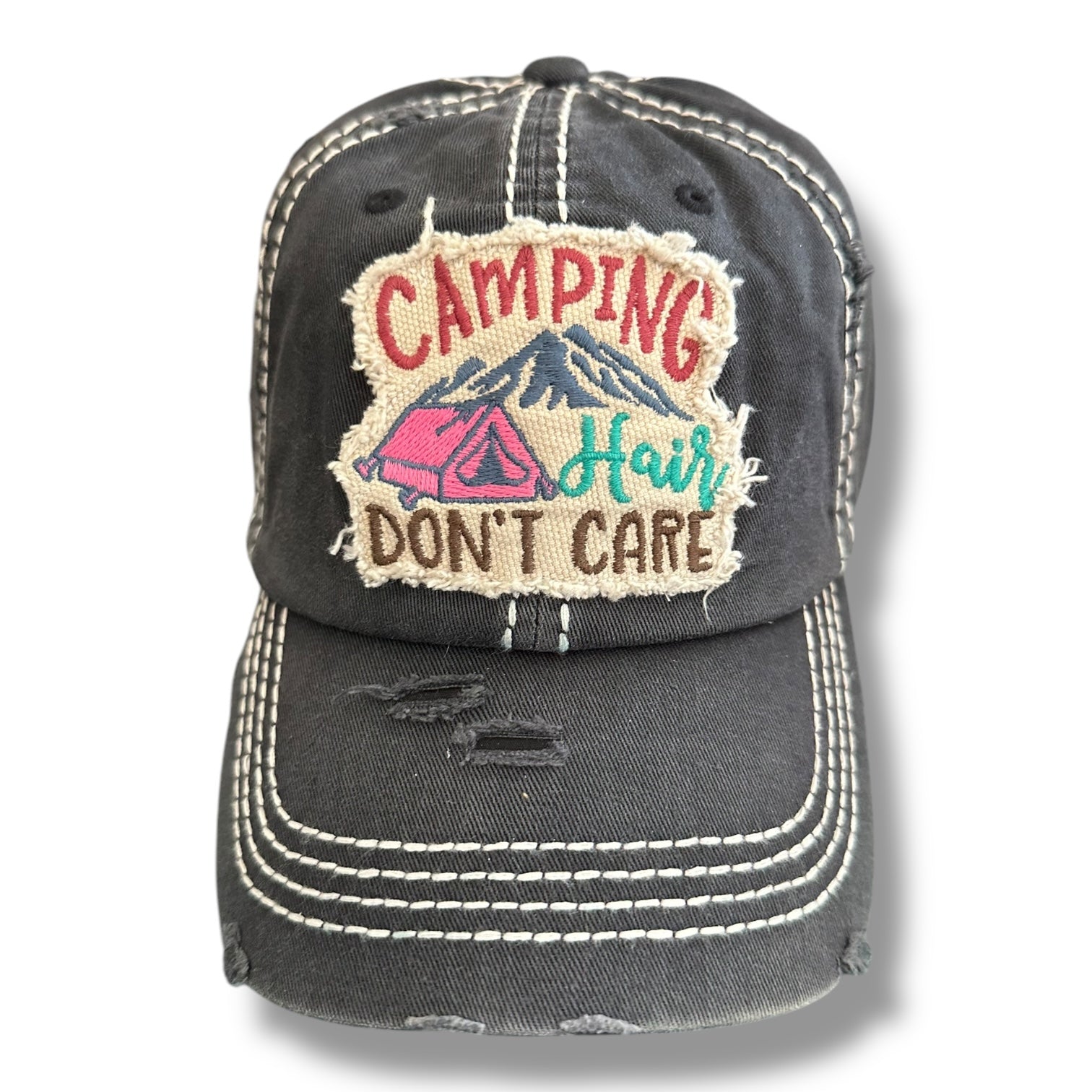 "Camping Hair Don't Care" Vintage Distressed Cap (CLEARANCE) - Wander Together Outfitters