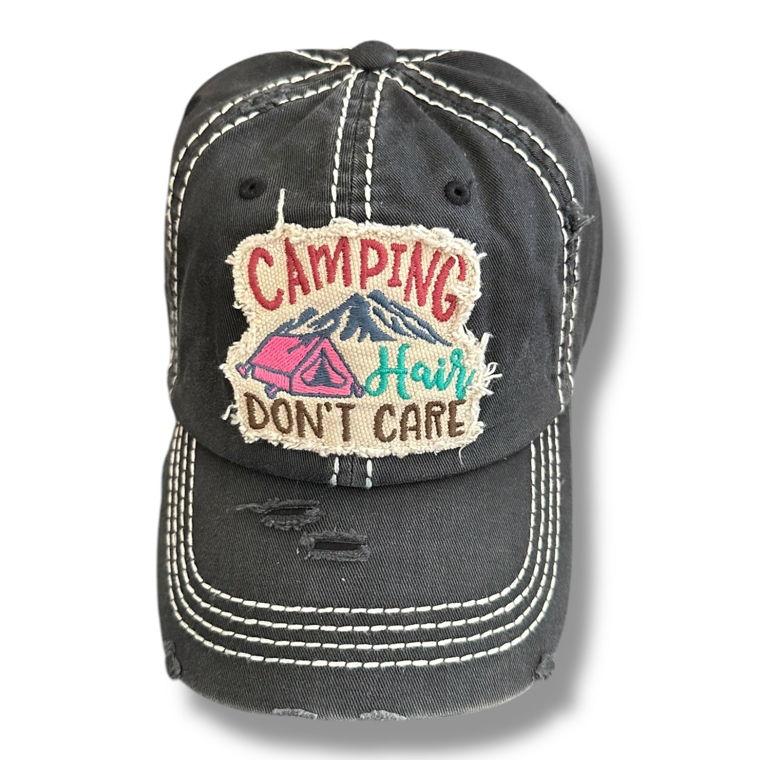 "Camping Hair Don't Care" Vintage Distressed Cap (CLEARANCE) - Wander Together Outfitters