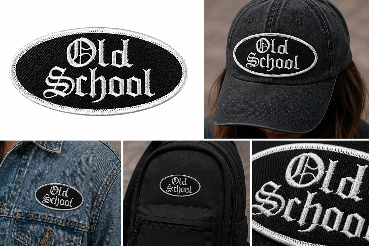 Collage showing the same oval embroidered patch in multiple product contexts: a black patch on a white background, worn on a black baseball cap, attached to a denim jacket, on a black backpack, and a close-up of the patch detail.