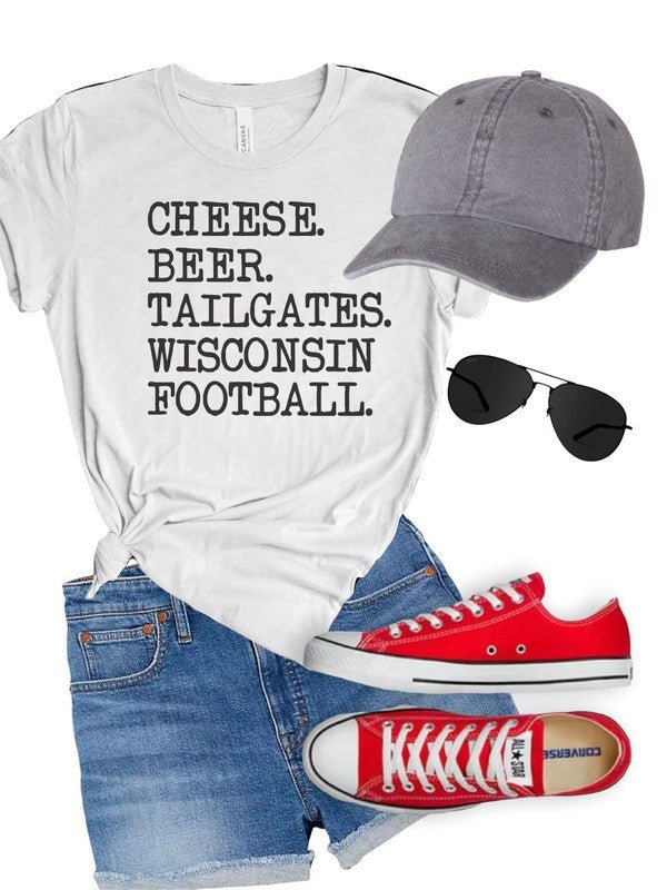 “Cheese. Beer. Tailgates. Wisconsin Football” T-Shirt (Various Colors) - Wander Together Outfitters