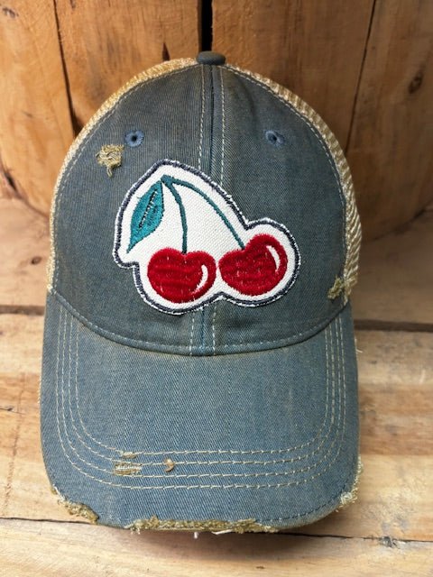 Cherries Distressed Tan Mesh Snapback Baseball Cap - Wander Together Outfitters