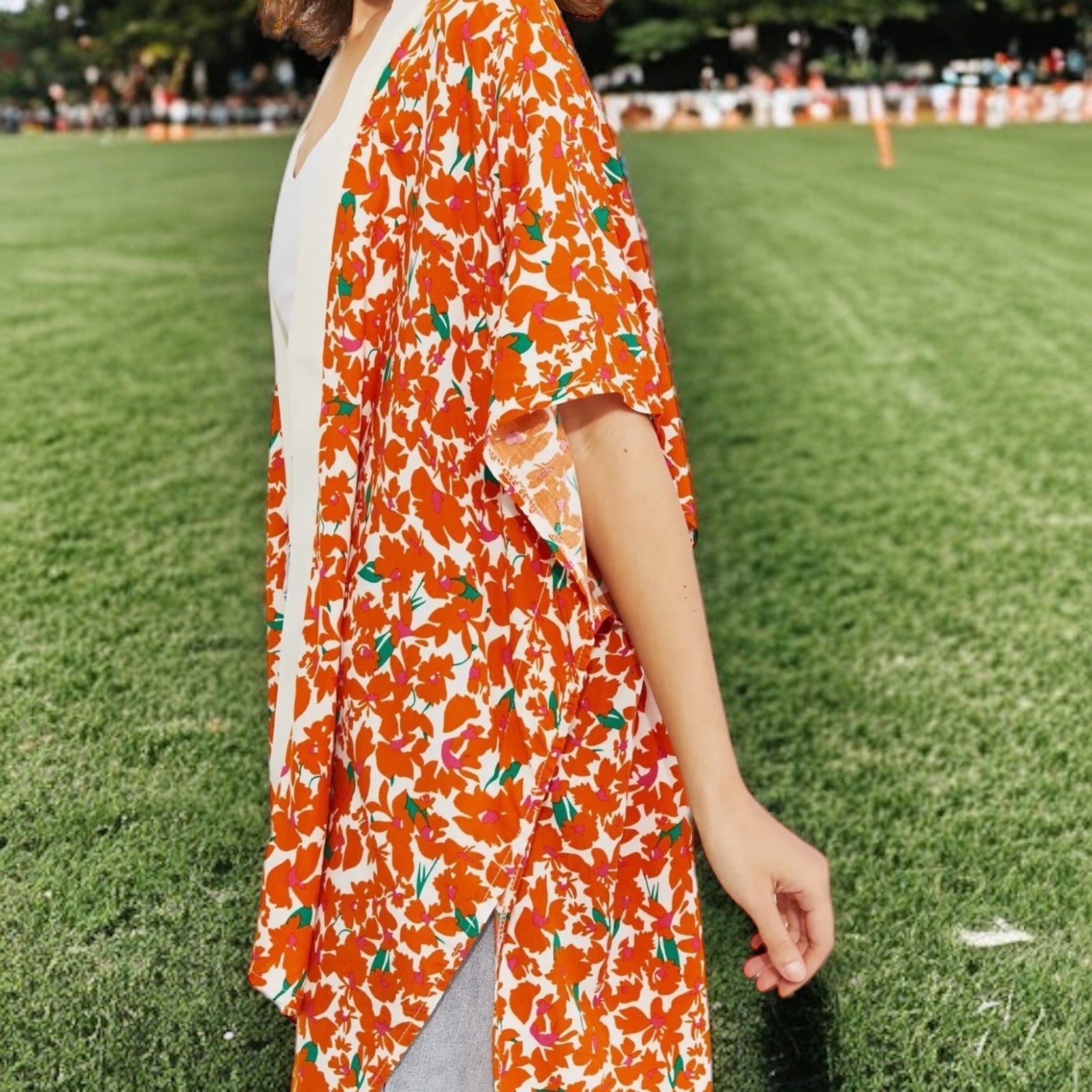 Citrus Blossom Floral Contrast Trim Kimono - Wander Together Outfitters