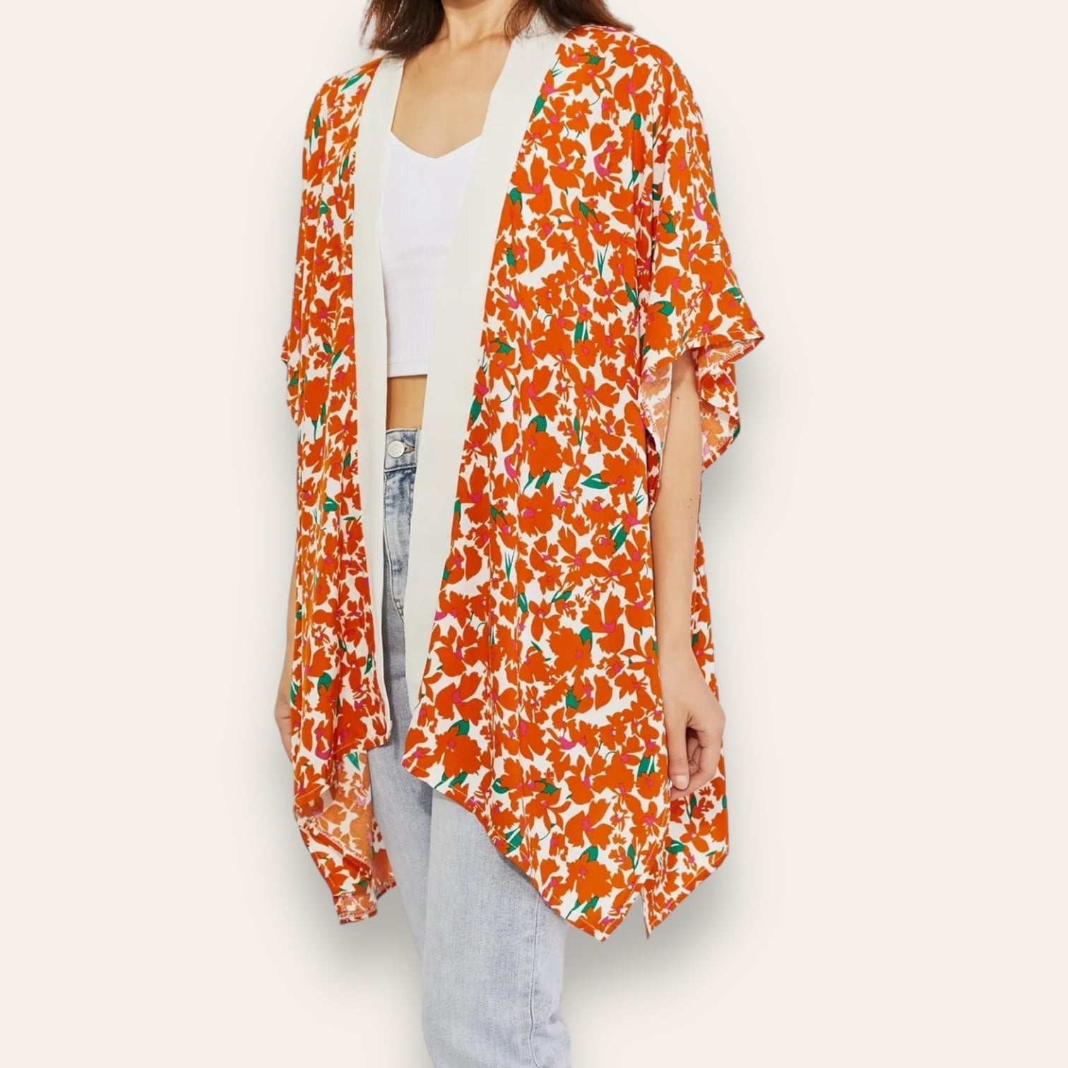 Citrus Blossom Floral Contrast Trim Kimono - Wander Together Outfitters