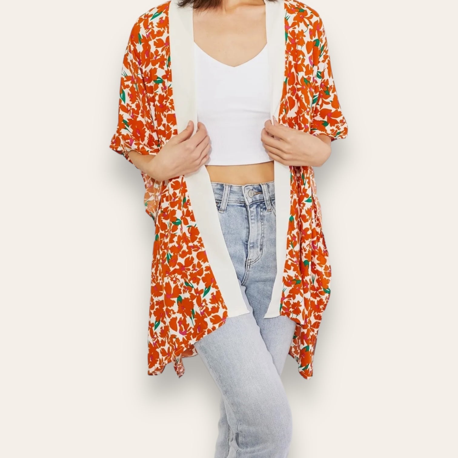 Citrus Blossom Floral Contrast Trim Kimono - Wander Together Outfitters