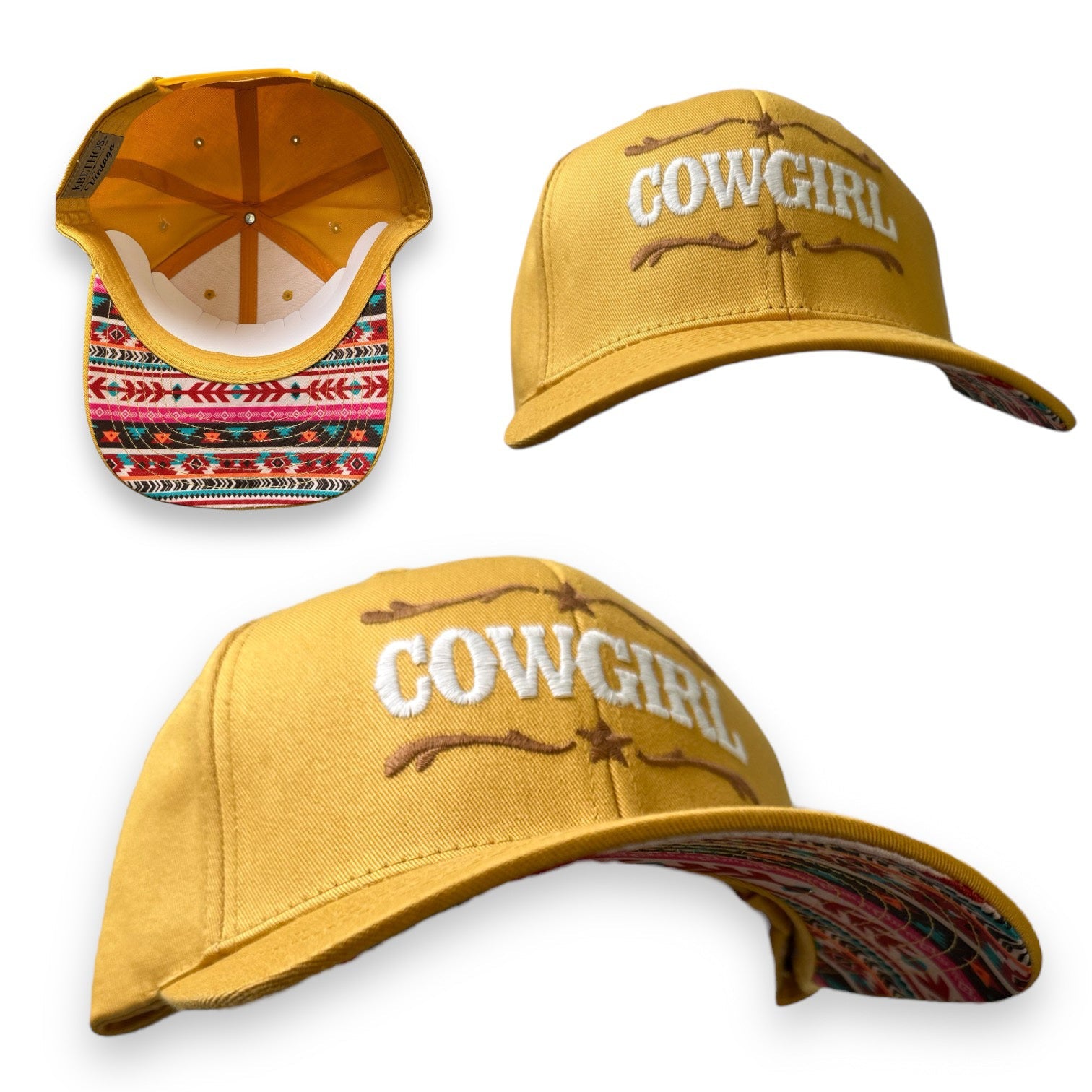 “Cowgirl” Embroidered Cap with Aztec Print (Yellow or Black) - Wander Together Outfitters