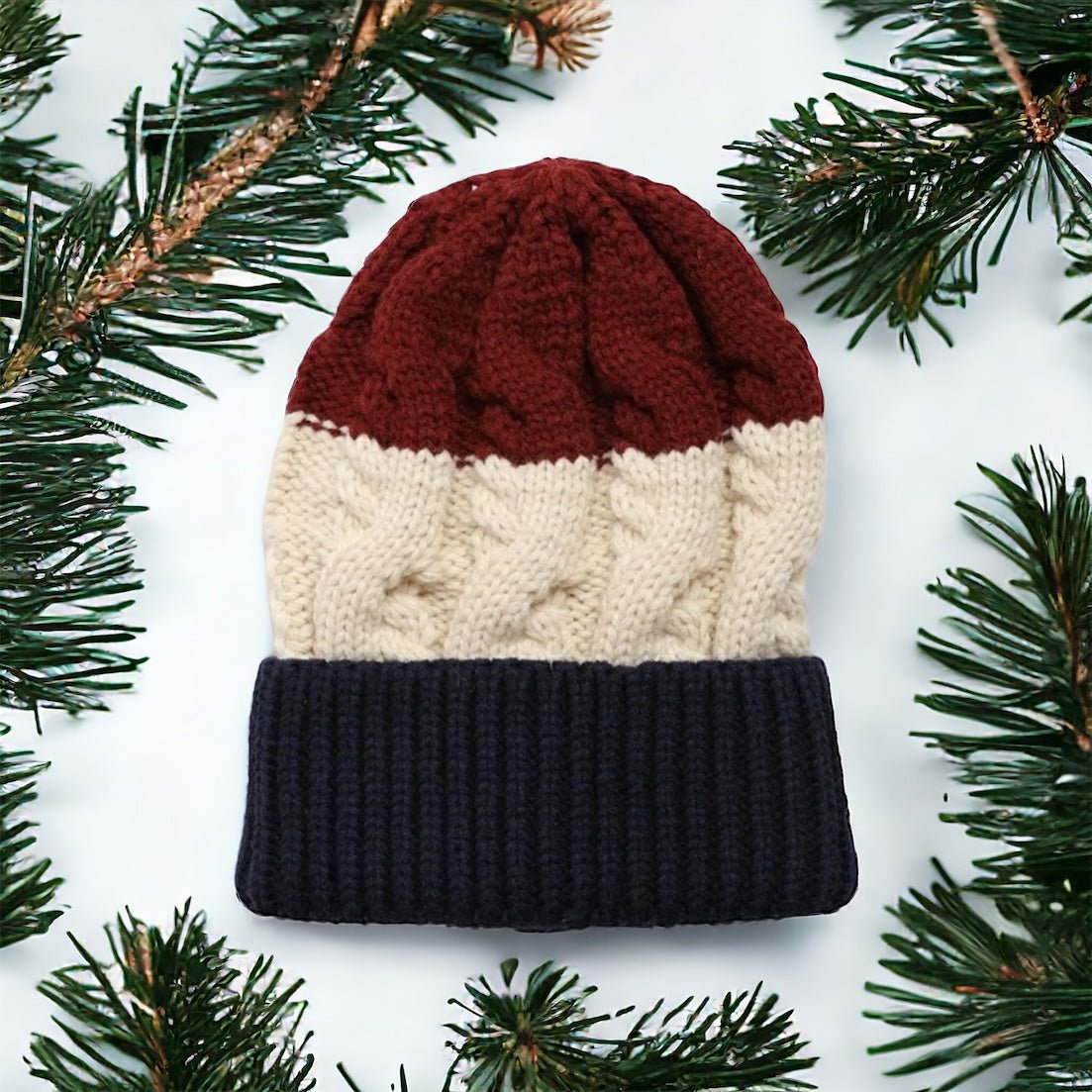 Cozy Thick Knit Zigzag Beanie - Maroon & Blue (SALE) - Wander Together Outfitters