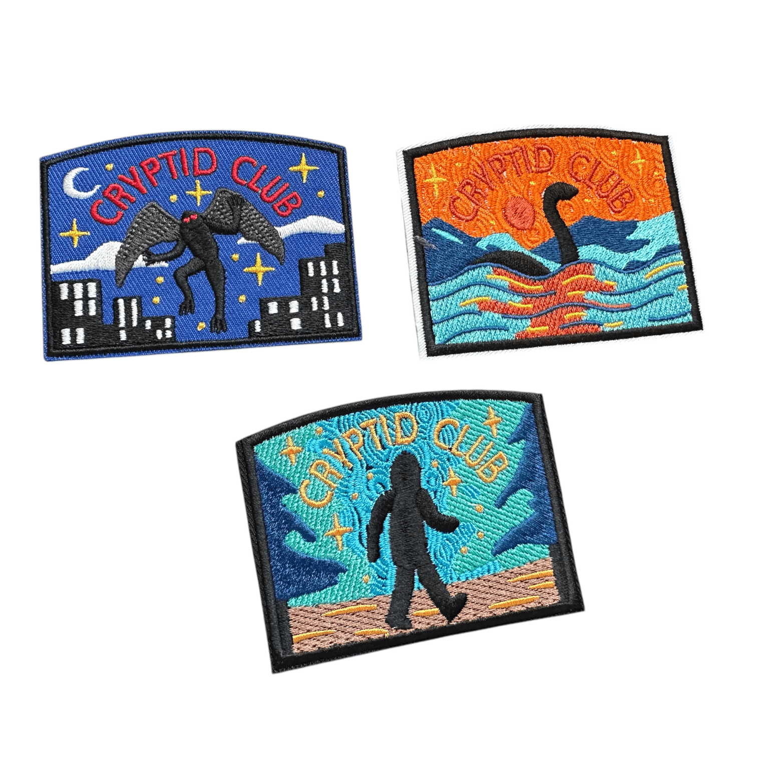 Cryptid Club Bigfoot and Loch Ness, Mothman Iron On Patches - Wander Together Outfitters
