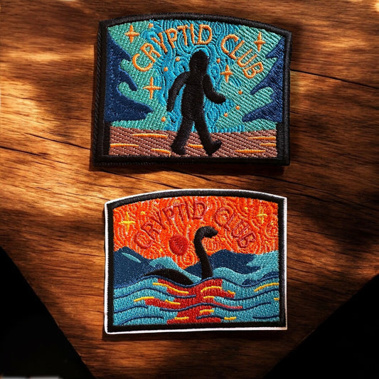 Cryptid Club Bigfoot and Loch Ness, Mothman Iron On Patches - Wander Together Outfitters