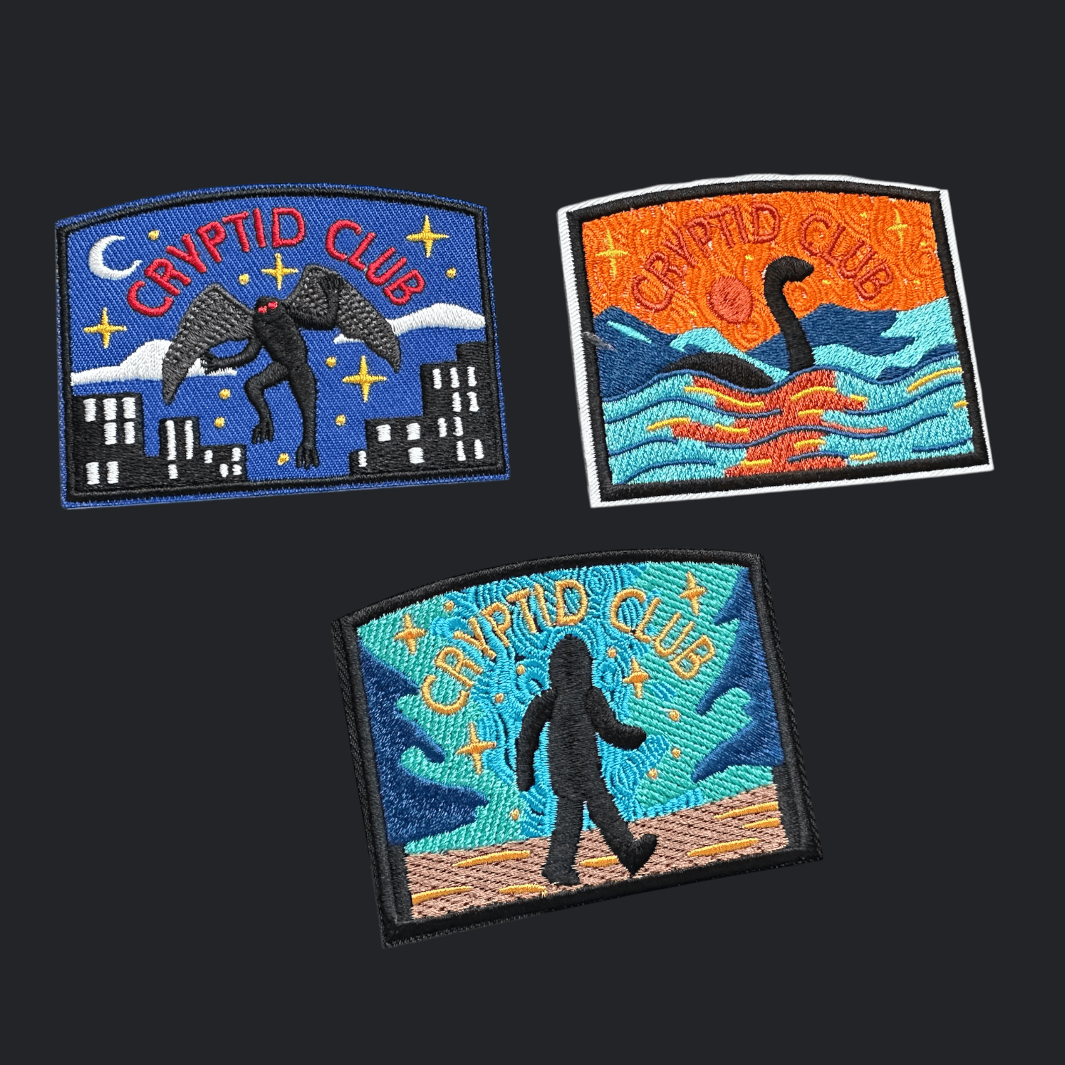 Cryptid Club Bigfoot and Loch Ness, Mothman Iron On Patches - Wander Together Outfitters