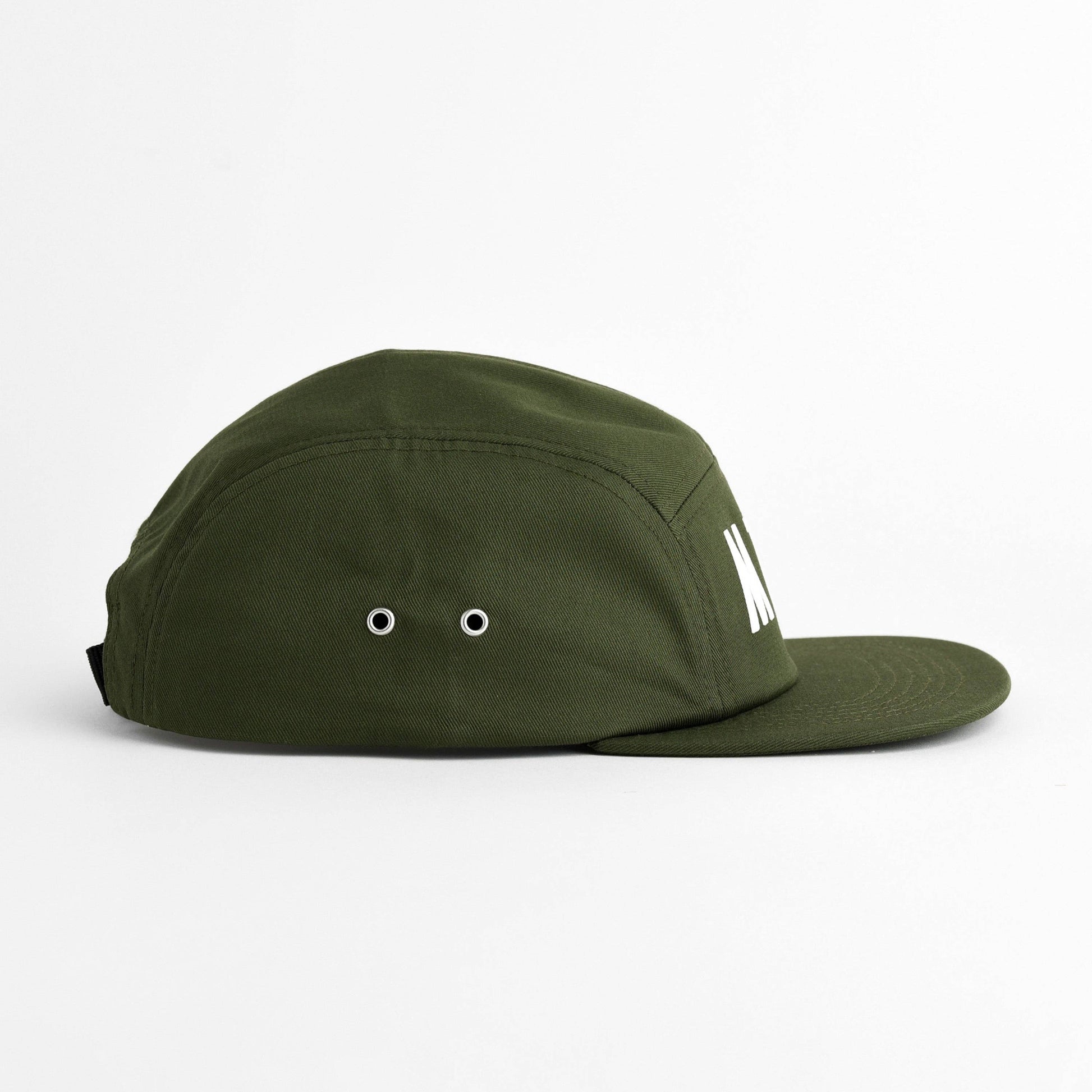 An olive green five-panel cap with a flat brim, featuring two white embroidered eyes on the sideshown against a plain white background.