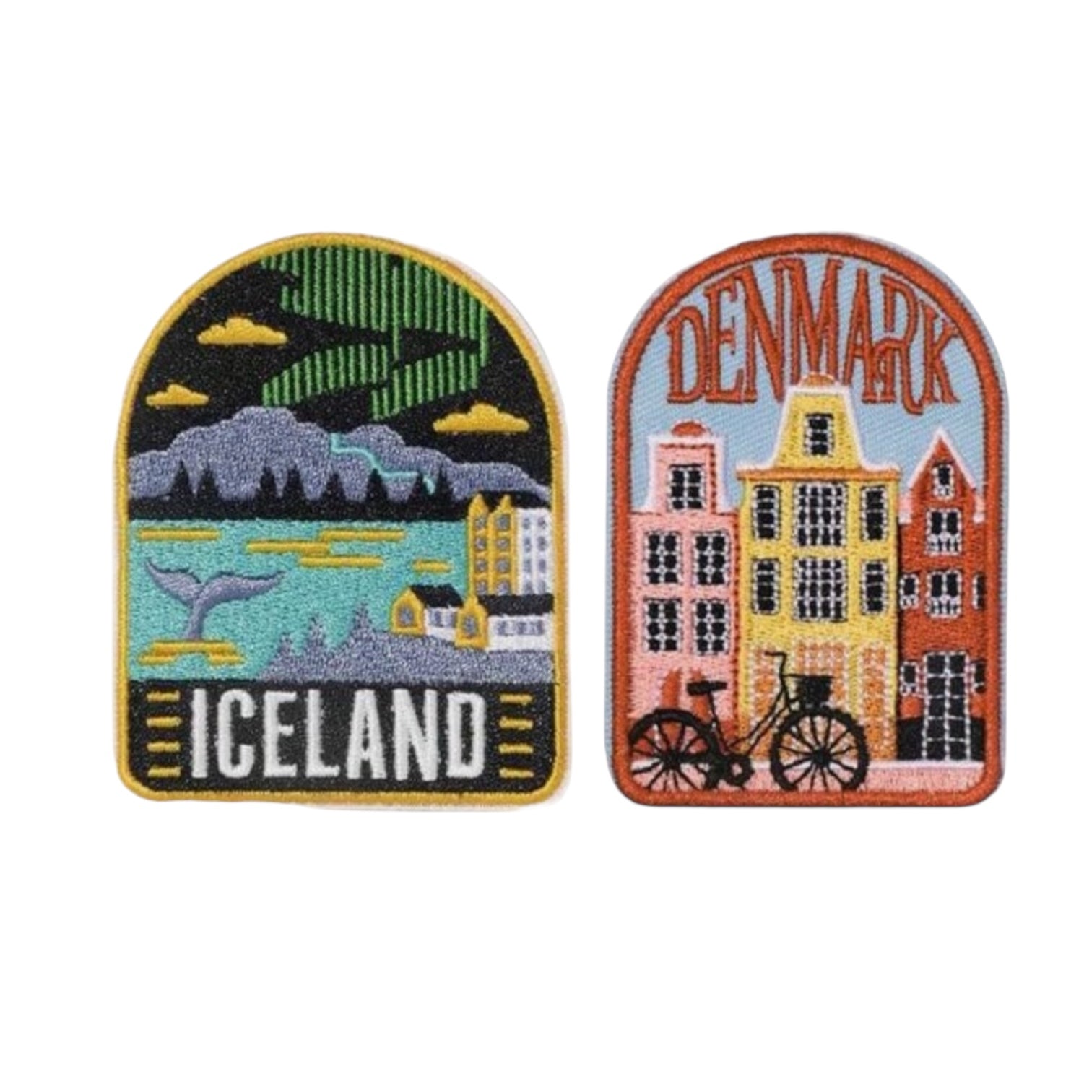 Denmark and Iceland Travel Themed Iron On Embroidered Patches - Wander Together Outfitters