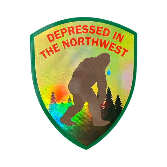 "Depressed In The Northwest" Broken Hearted Bigfoot Holographic Sticker - Wander Together Outfitters