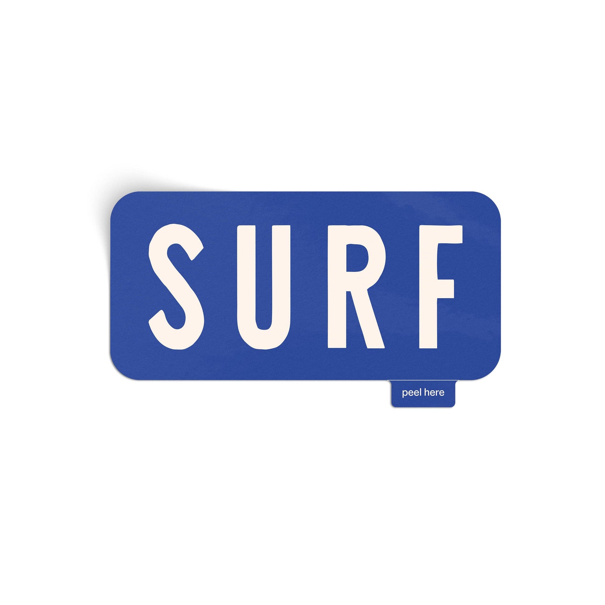 A blue rectangular decal sticker with rounded corners, featuring the word 'SURF' in bold white uppercase letters. A small tab at the bottom right reads 'peel here' in white.