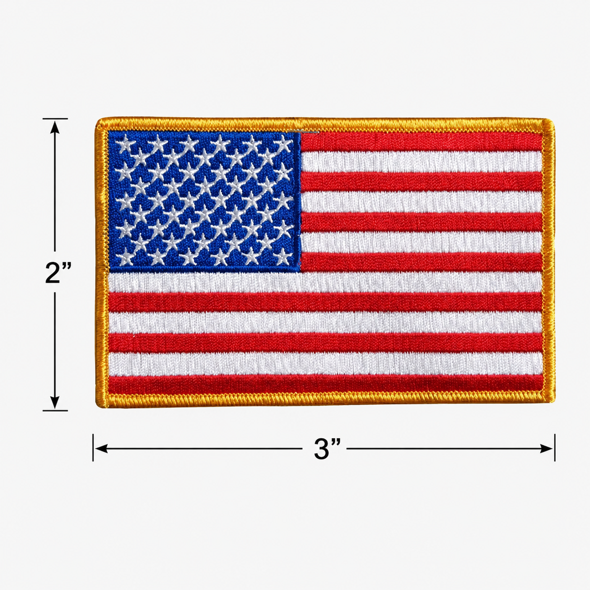 An embroidered United States flag patch with a gold border, shown on a light gray background with dimension lines indicating 2 inches tall by 3 inches wide.