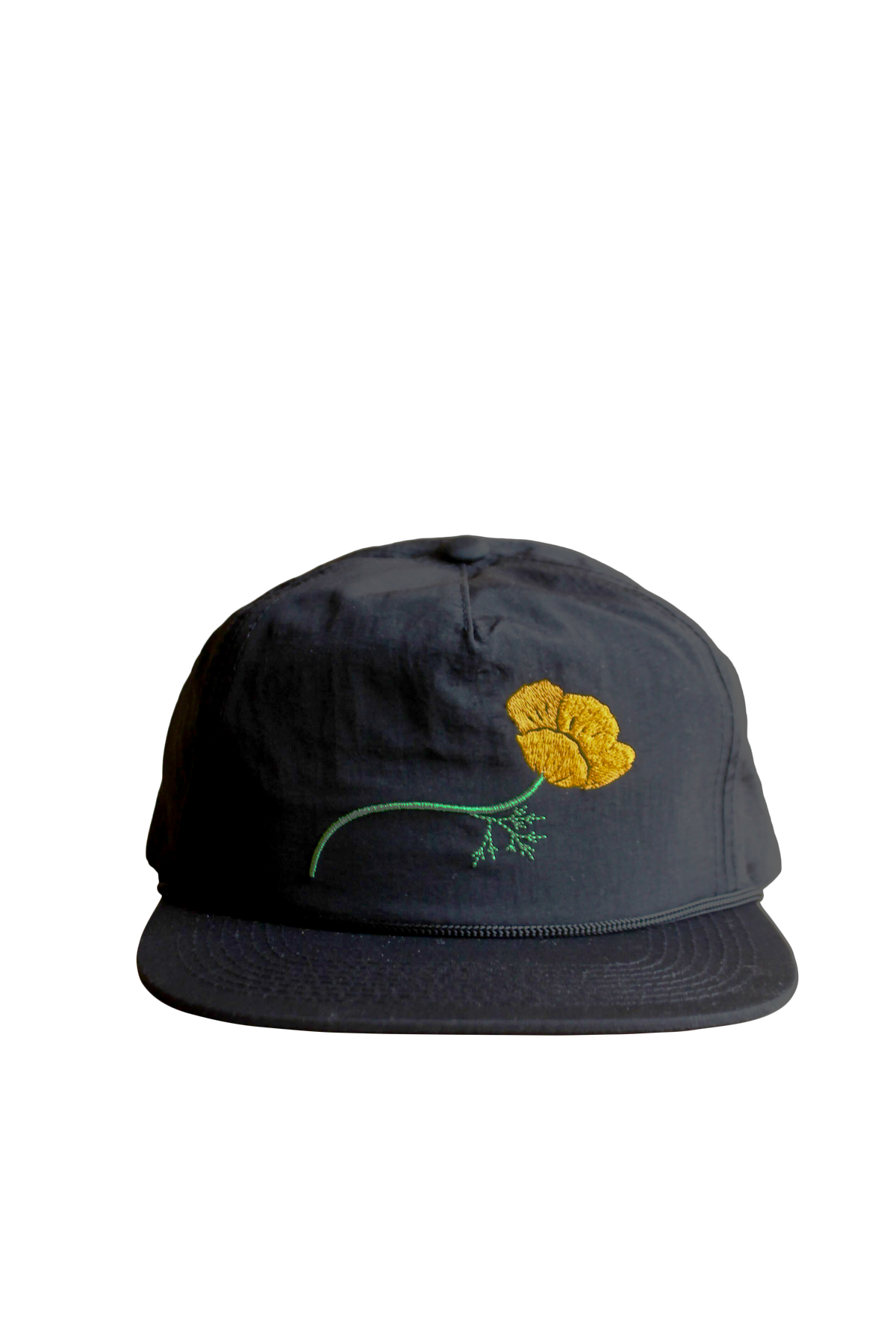Black cap with yellow poppy flower embroidery on a white background