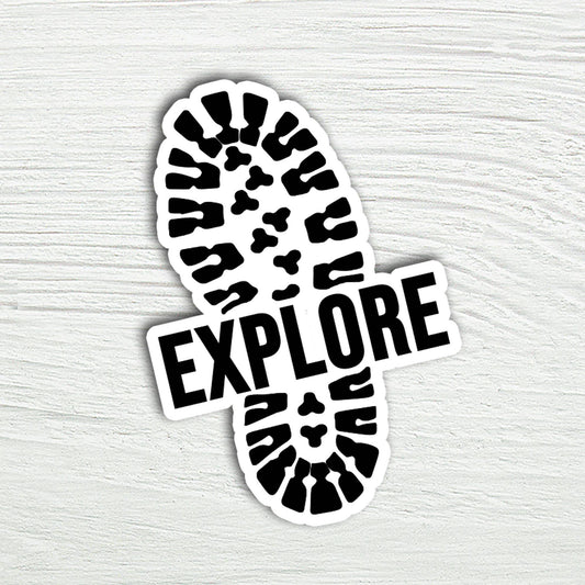 "Explore" with Hiking Boot Laptop Water Bottle Sticker - Wander Together Outfitters
