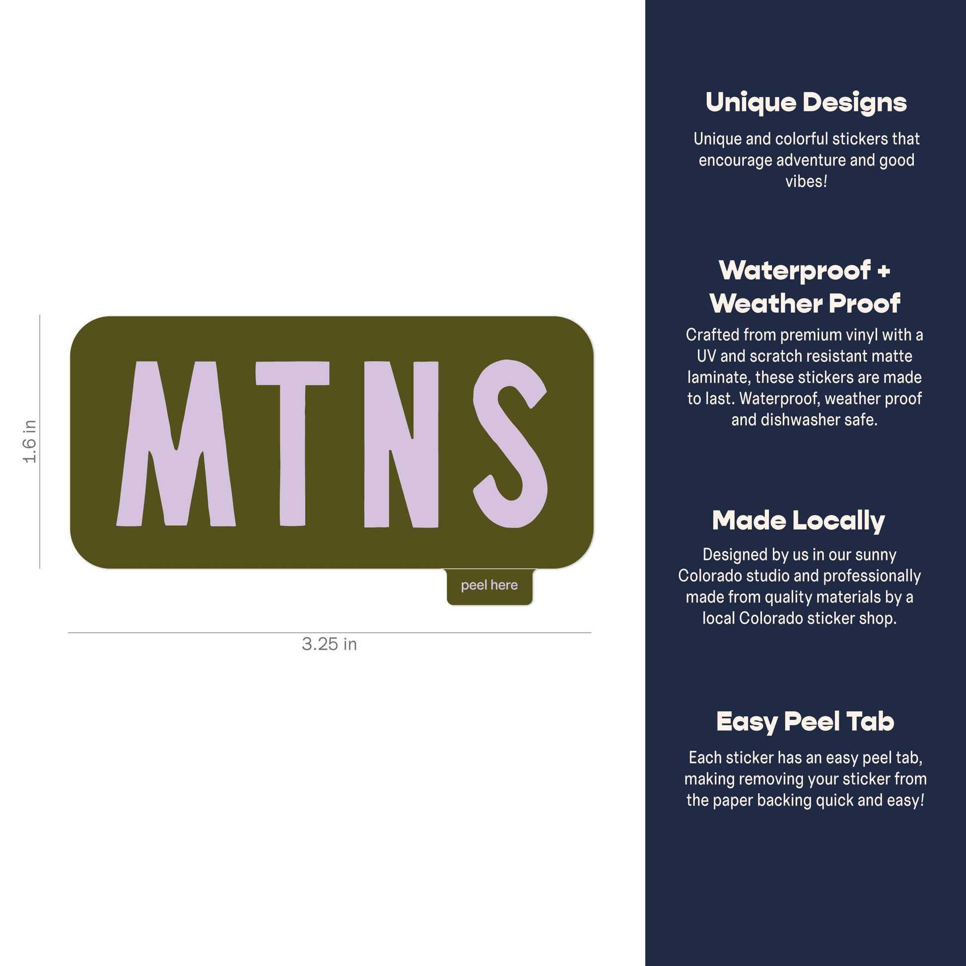 A rectangular MTNS sticker shown on a white background with dimension labels, alongside a dark navy text panel describing features like waterproofing, local manufacturing, and an easy peel tab.