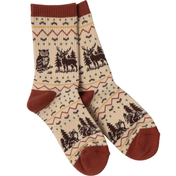 Pair of socks with forest wildlife nature-themed design on a white background