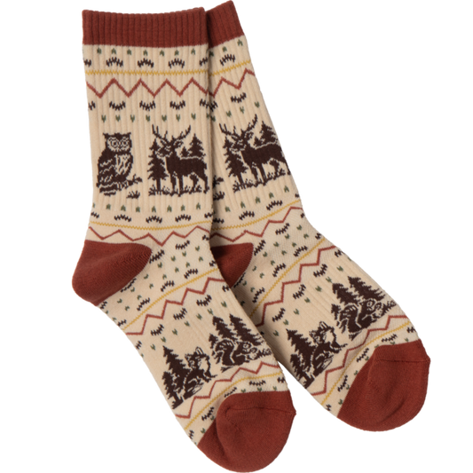 Pair of socks with forest wildlife nature-themed design on a white background
