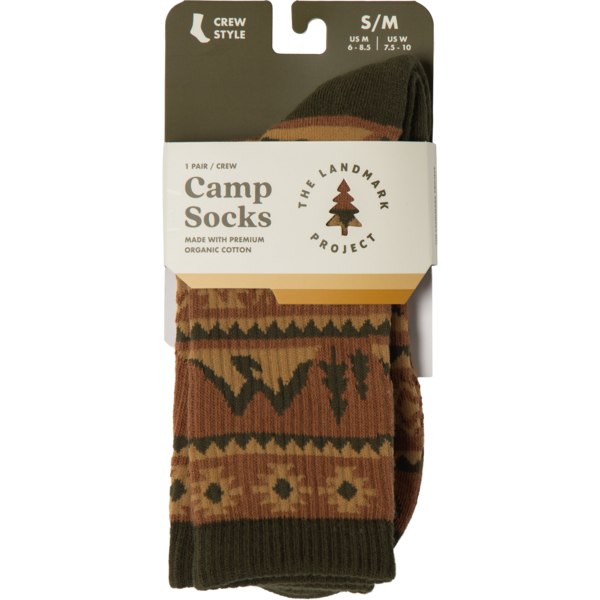 Packaged camp socks with patterned design on a white background
