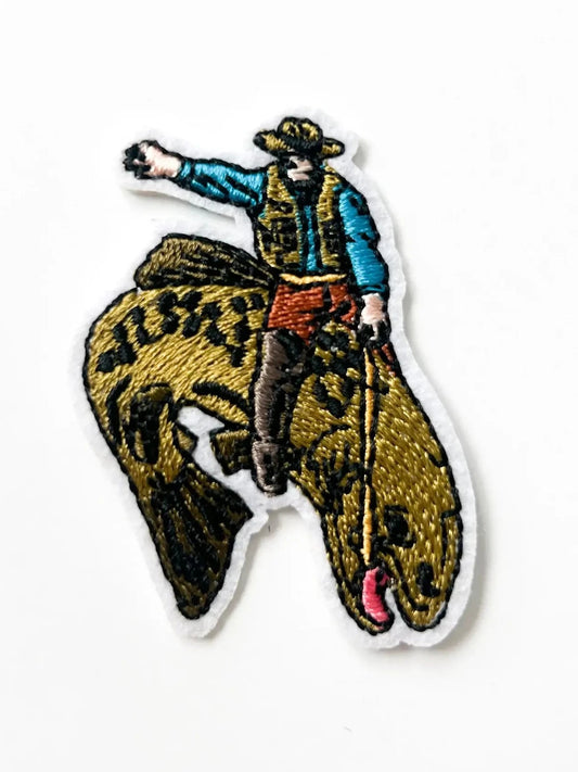 Fishing Cowboy Riding Bucking Trout Embroidered Iron On Patch - Wander Together Outfitters