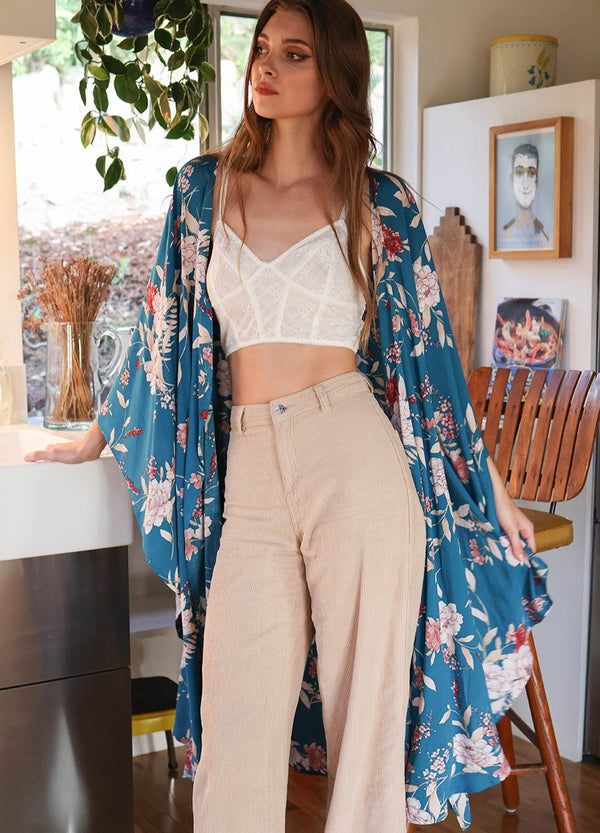 Floral Butterfly Sleeve Kimono Teal