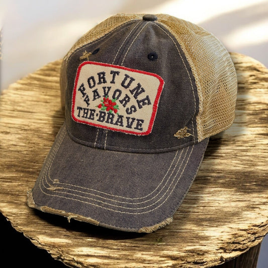“Fortune Favors The Brave” Distressed Trucker Hat (SALE) - Wander Together Outfitters