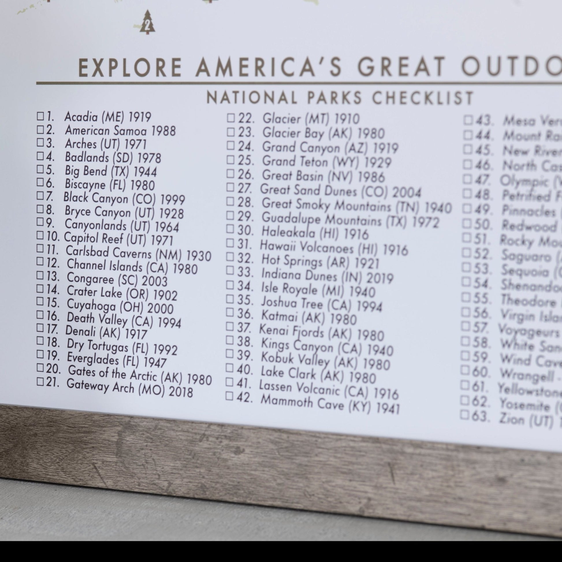 Framed National Parks Checklist (63 Parks) - Wander Together Outfitters