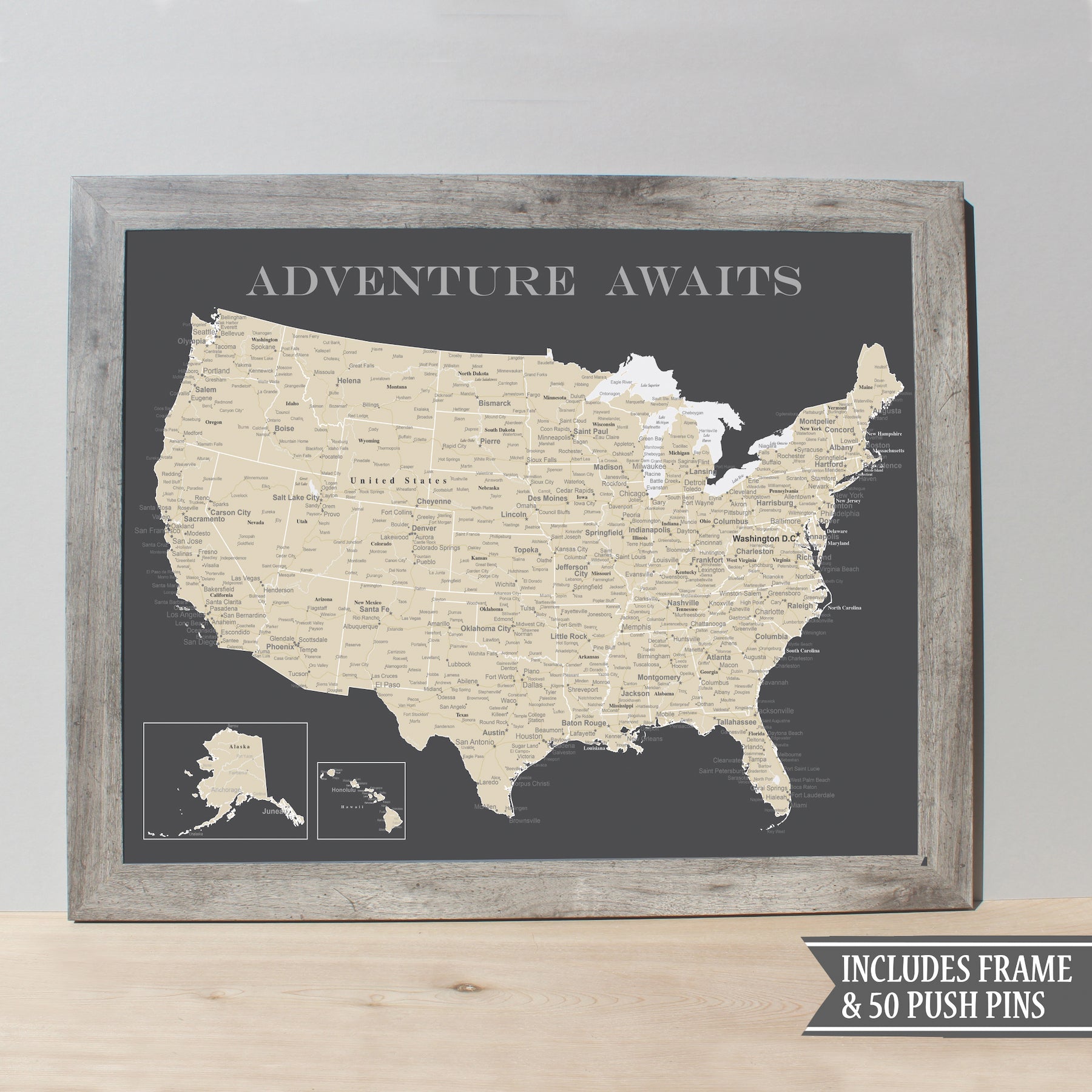 Framed USA Push Pin Map (Charcoal Grey) Framed - Wander Together Outfitters