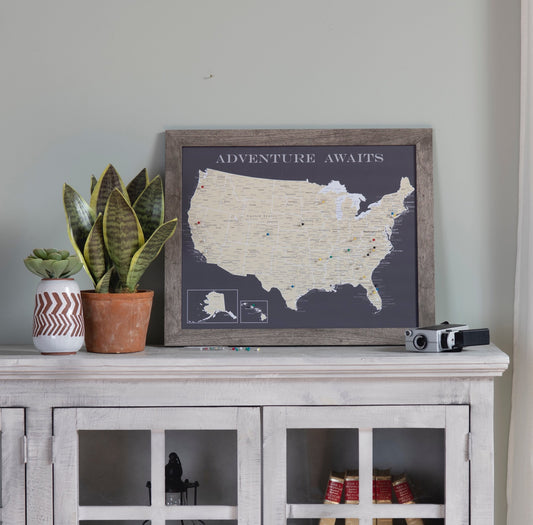 Framed USA Push Pin Map (Charcoal Grey) Framed - Wander Together Outfitters