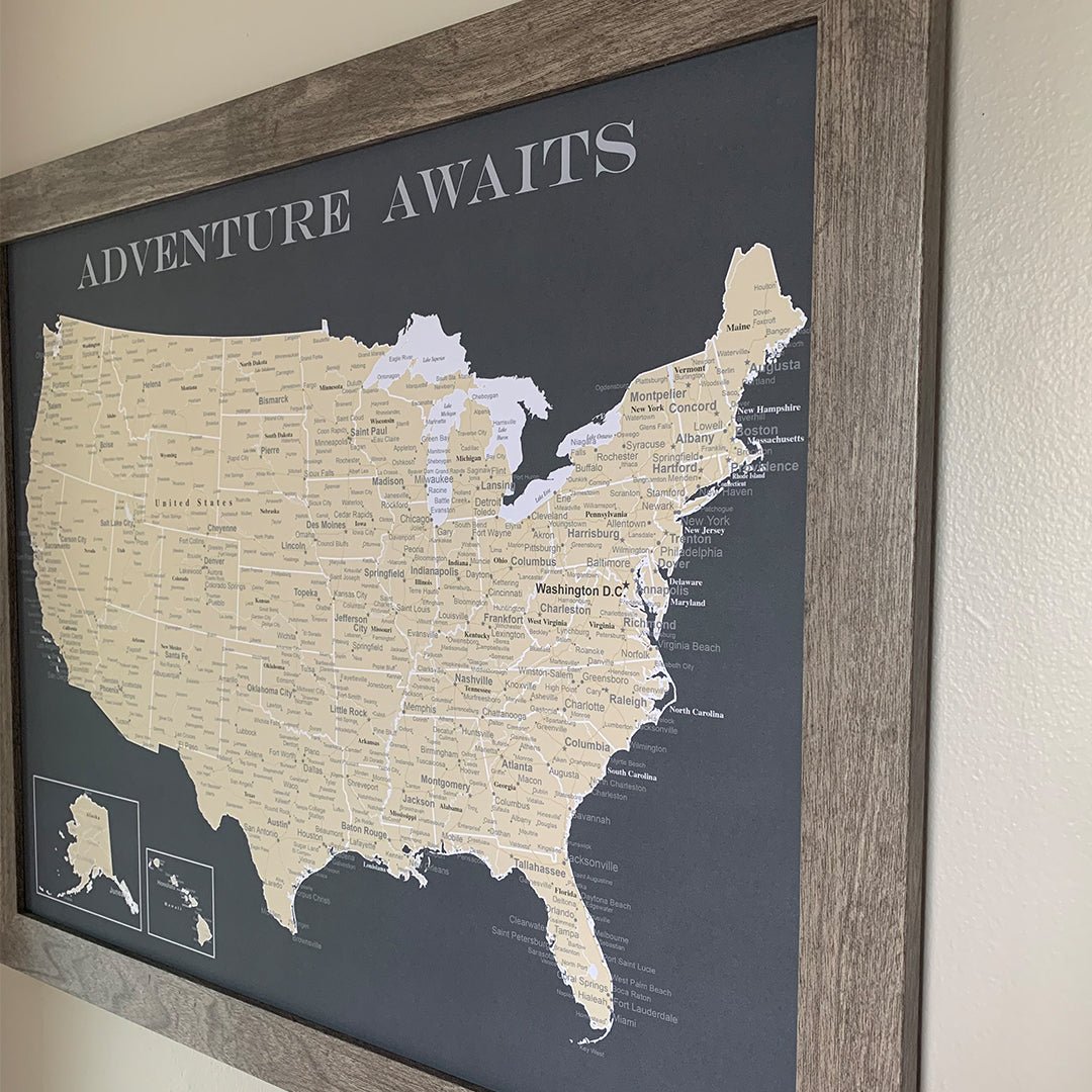 Framed USA Push Pin Map (Charcoal Grey) Framed - Wander Together Outfitters