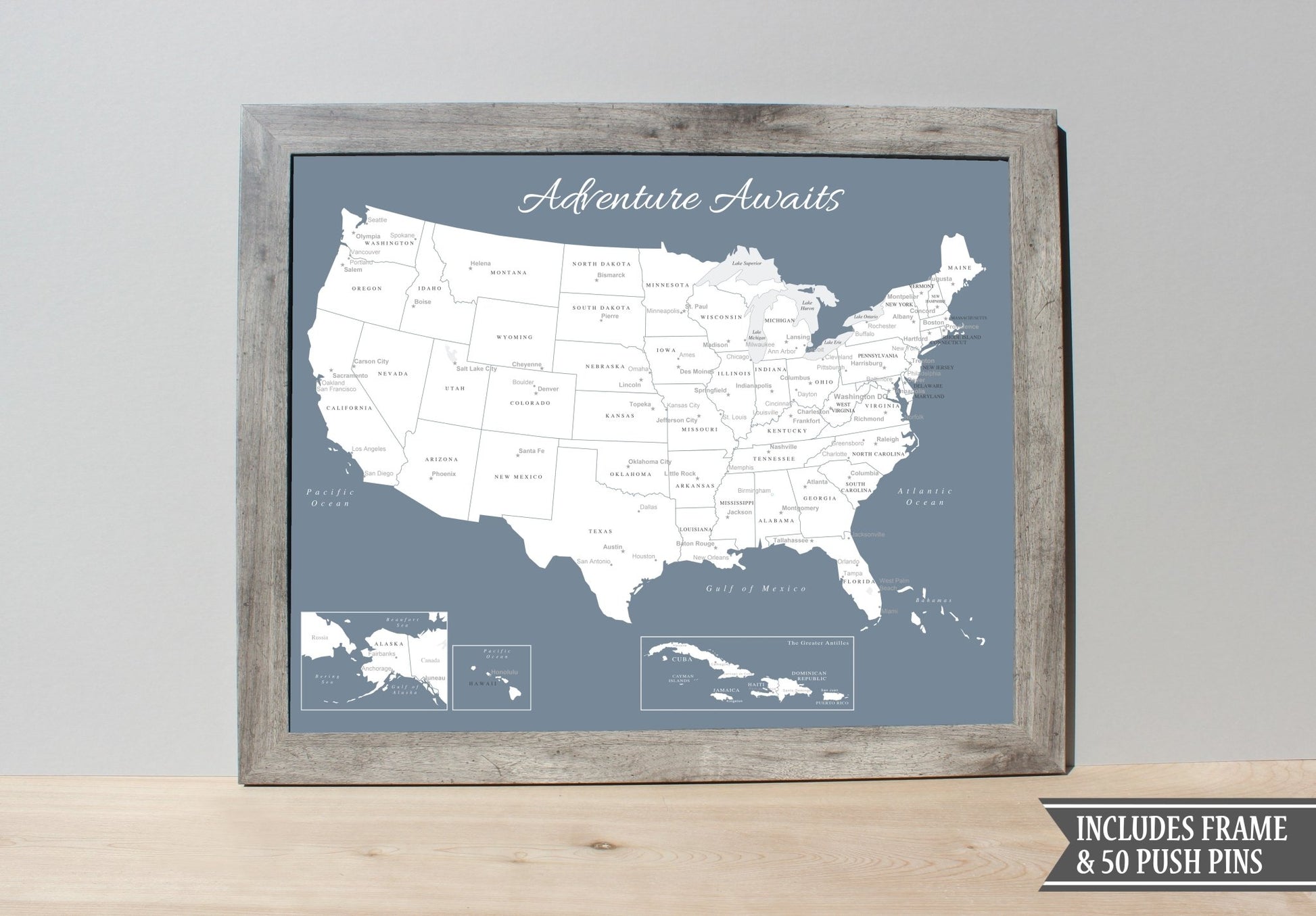 Framed USA Push Pin Map (Slate Blue) With Frame - Wander Together Outfitters
