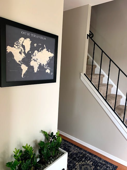 Framed World Push Pin Map (Charcoal Grey) with Frame - Wander Together Outfitters