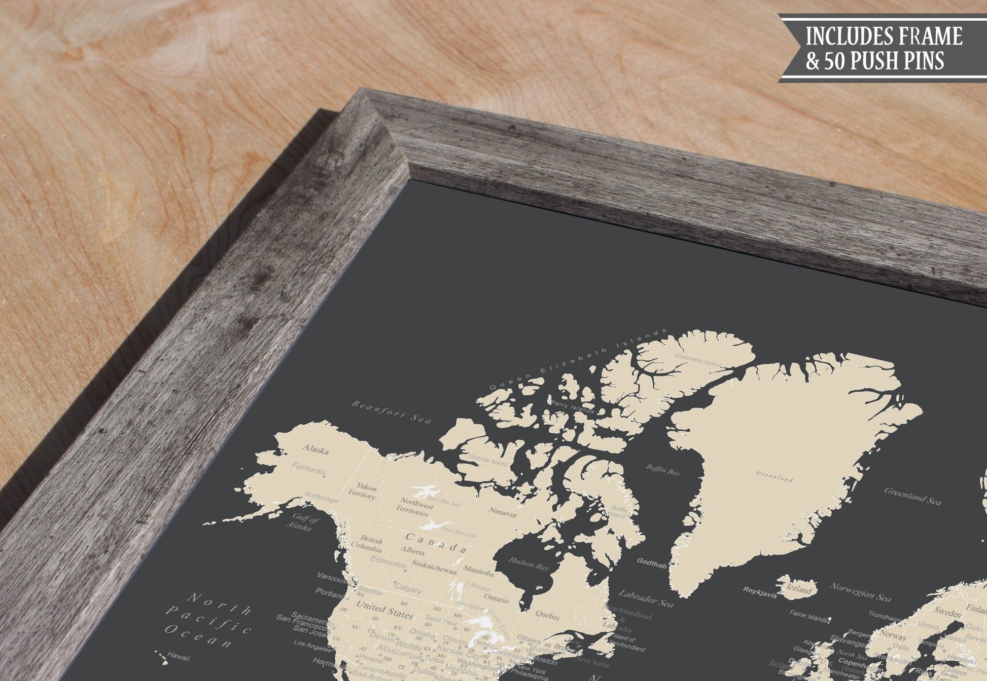 Framed World Push Pin Map (Charcoal Grey) with Frame - Wander Together Outfitters