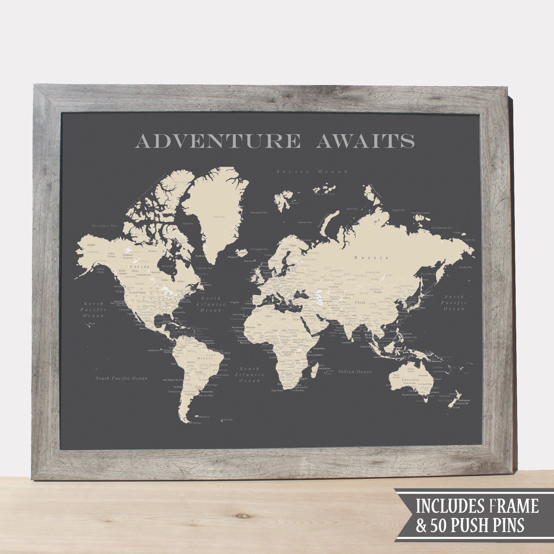 Framed World Push Pin Map (Charcoal Grey) with Frame - Wander Together Outfitters