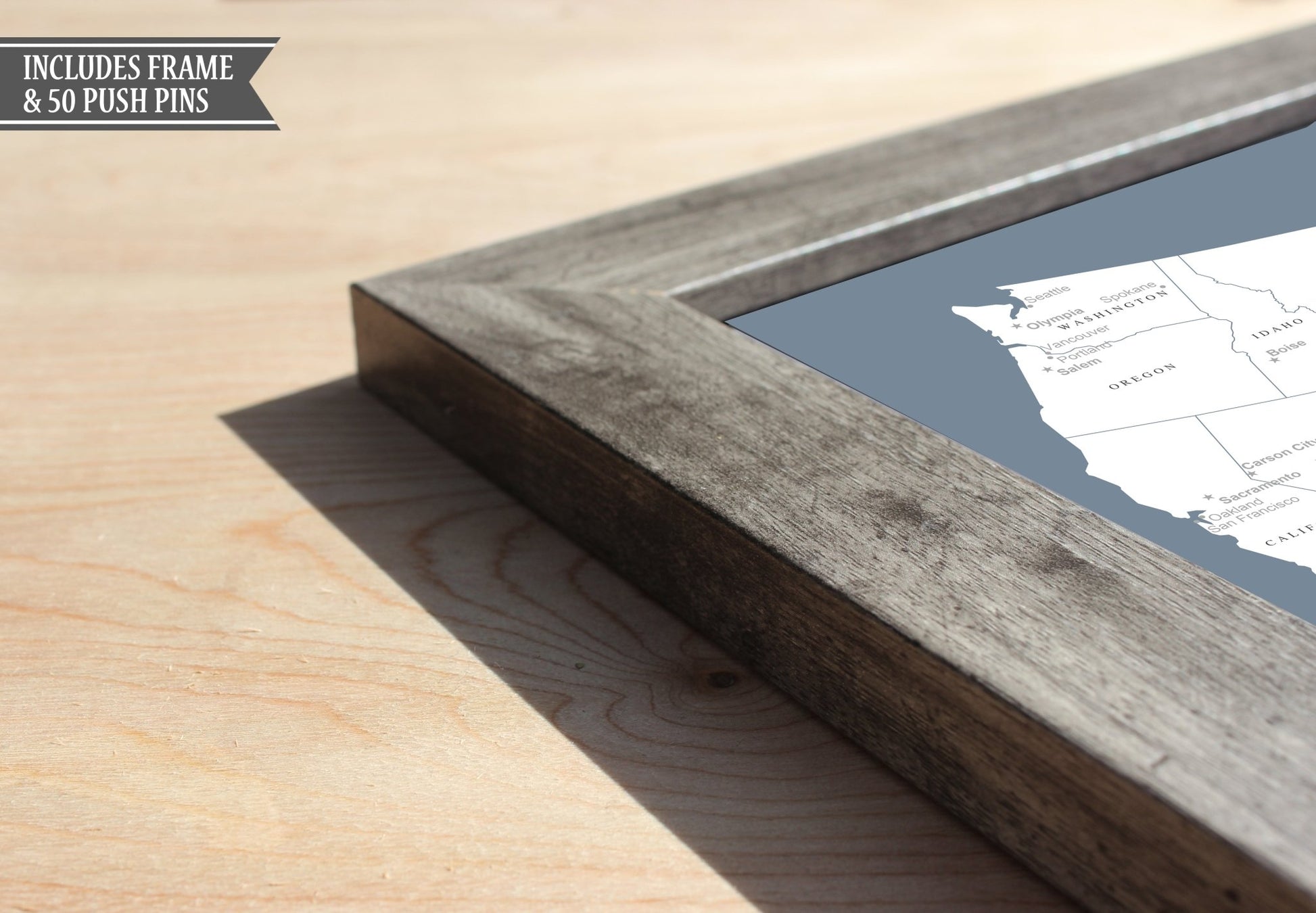 Framed World Push Pin Map - Slate Blue - Wander Together Outfitters
