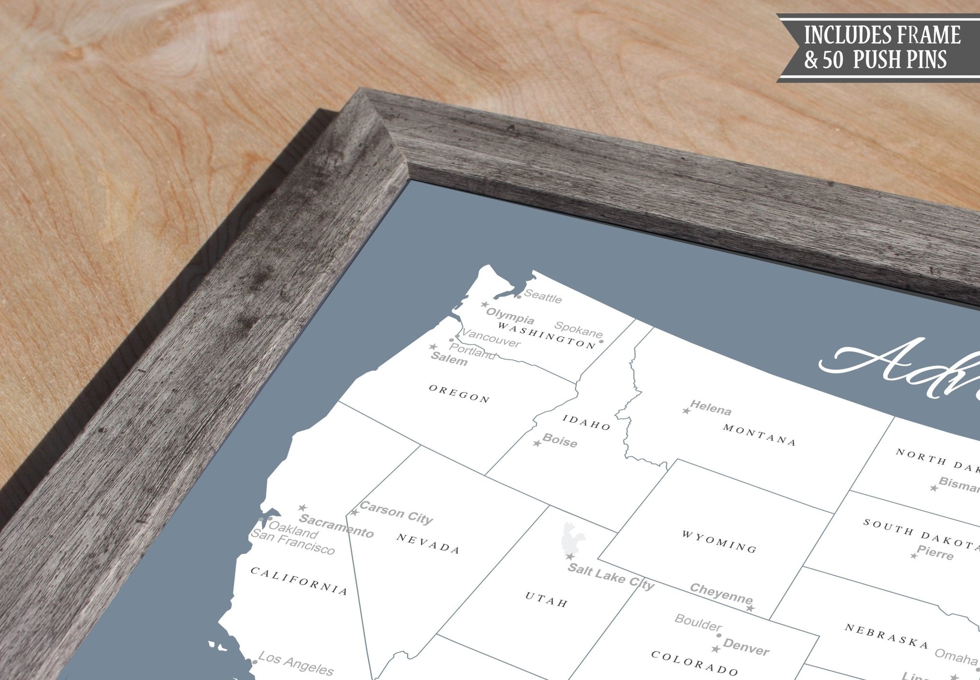 Framed World Push Pin Map - Slate Blue - Wander Together Outfitters