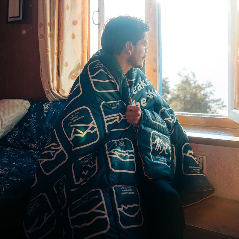 Graphene Puffer Sleeping Bag Blanket: Peaks of the World Teal Ocean - Wander Together Outfitters