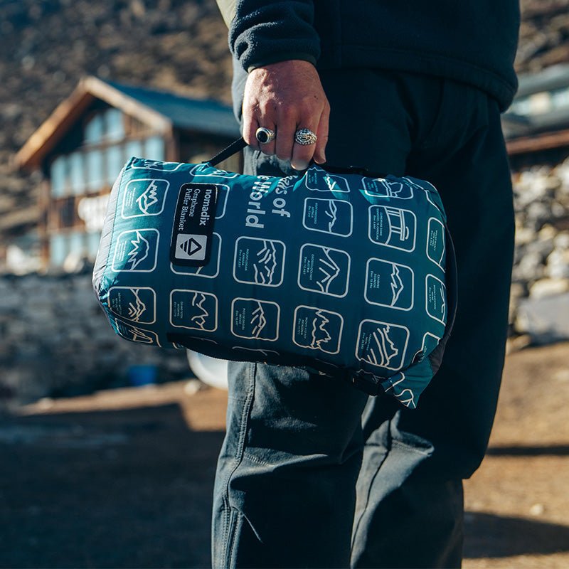 Graphene Puffer Sleeping Bag Blanket: Peaks of the World Teal Ocean - Wander Together Outfitters