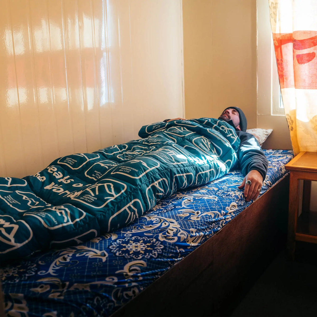 Graphene Puffer Sleeping Bag Blanket: Peaks of the World Teal Ocean - Wander Together Outfitters