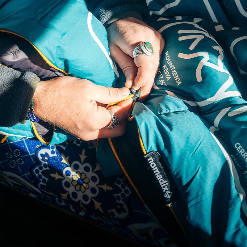 Graphene Puffer Sleeping Bag Blanket: Peaks of the World Teal Ocean - Wander Together Outfitters