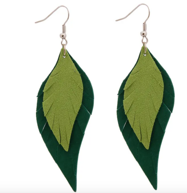 Green Leather Feather Earrings