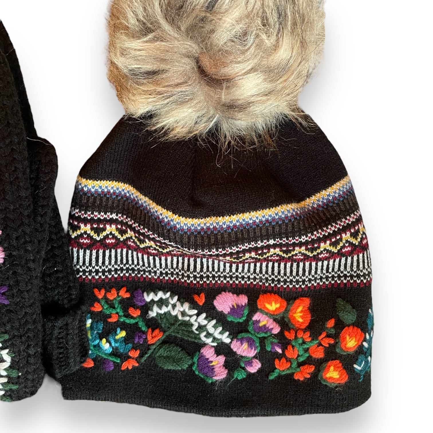 Hand - Sticthed Luxe Black Floral Pattern Cuff Pom Hat Beanie (CLEARANCE) - Wander Together Outfitters