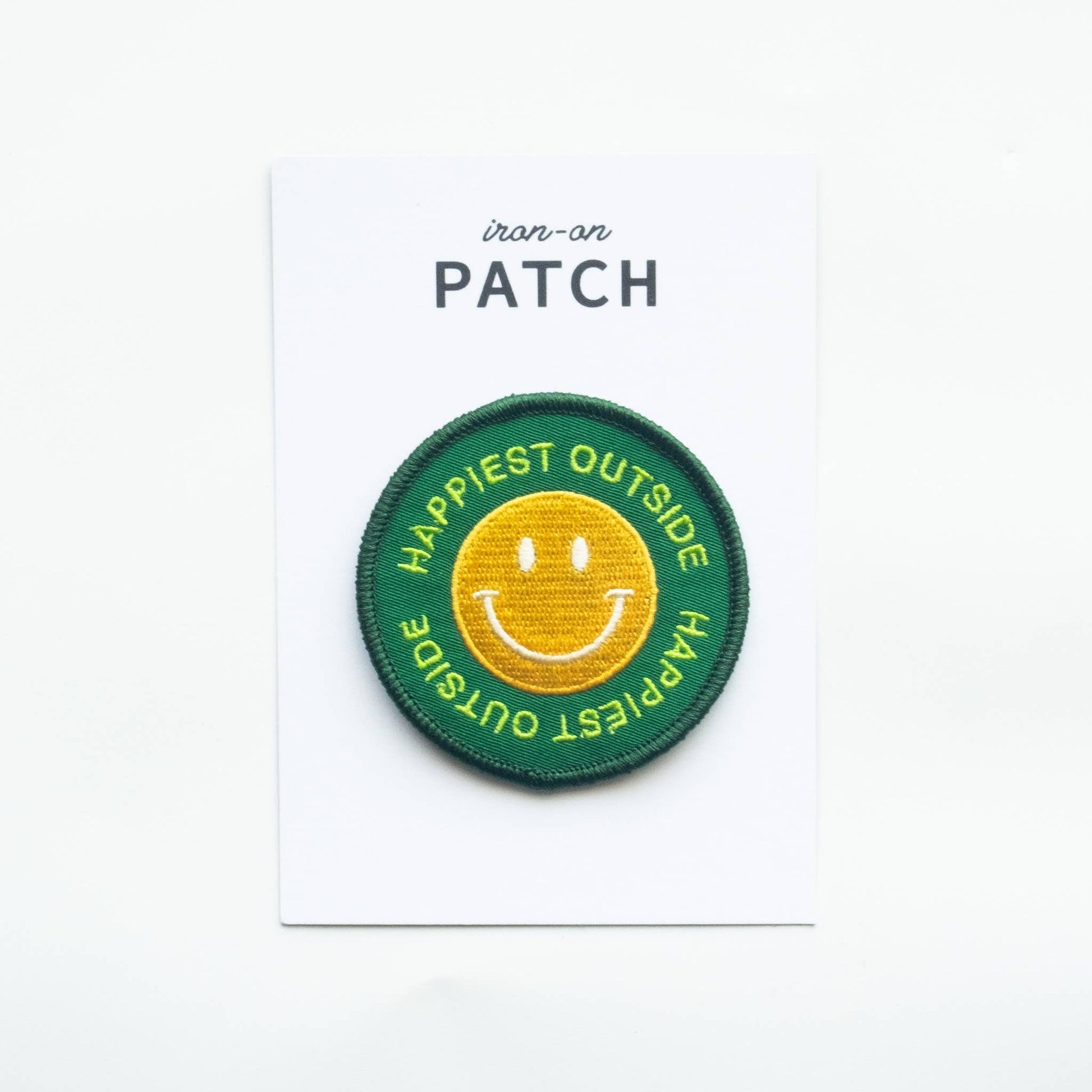 "Happiest Outside" Embroidered Iron On Smiley Face Patch - Wander Together Outfitters