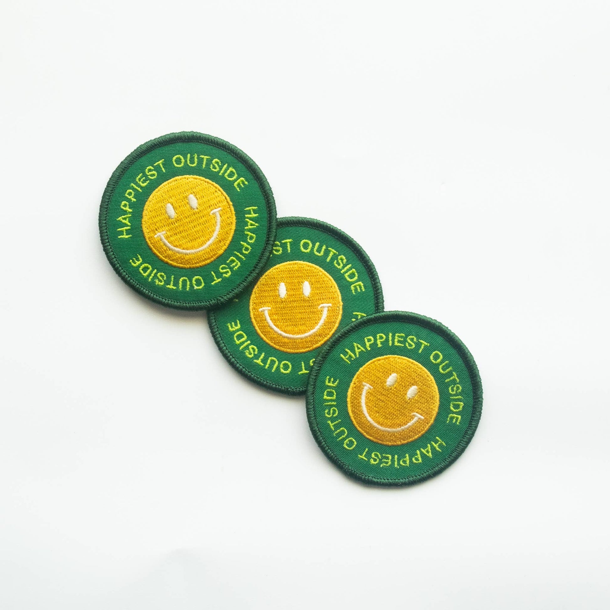 "Happiest Outside" Embroidered Iron On Smiley Face Patch - Wander Together Outfitters